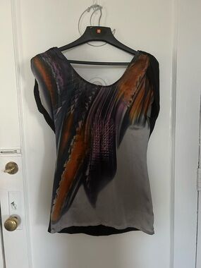 Arden B Abstract Cap Sleeve Top - Black, Orange & Purple